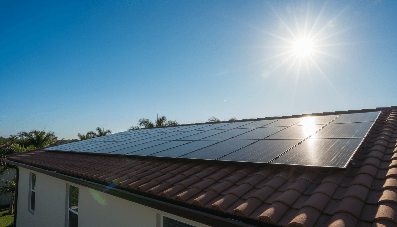 Sun shining over a rooftop solar panel array with a clear blue sky