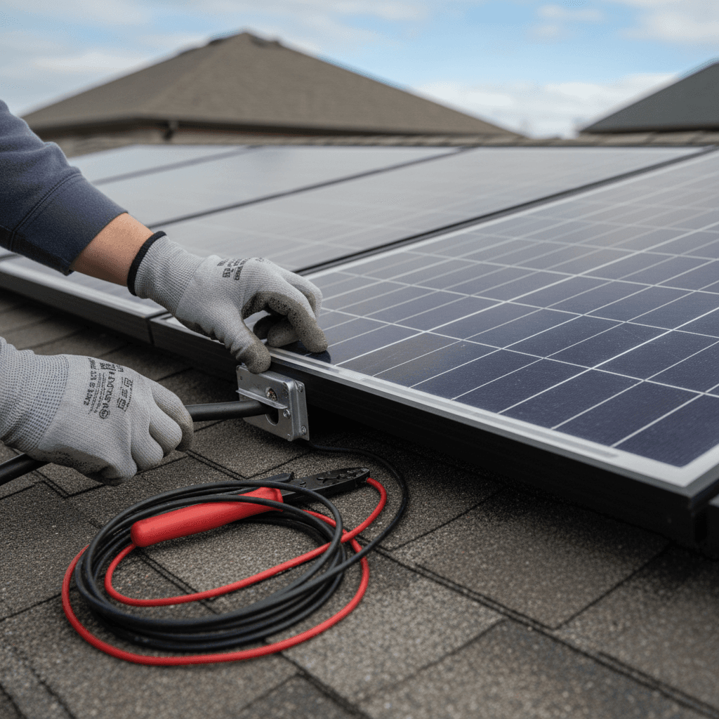 Technician inspecting a solar panel connection with a wrench