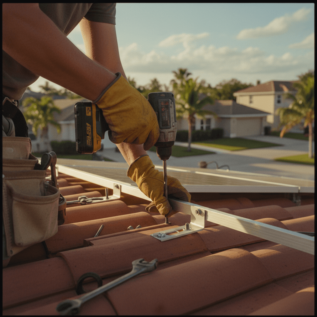 Vintage film photography with warm color cast of a close-up of a technician's hands securing a solar panel mount on a tile roof