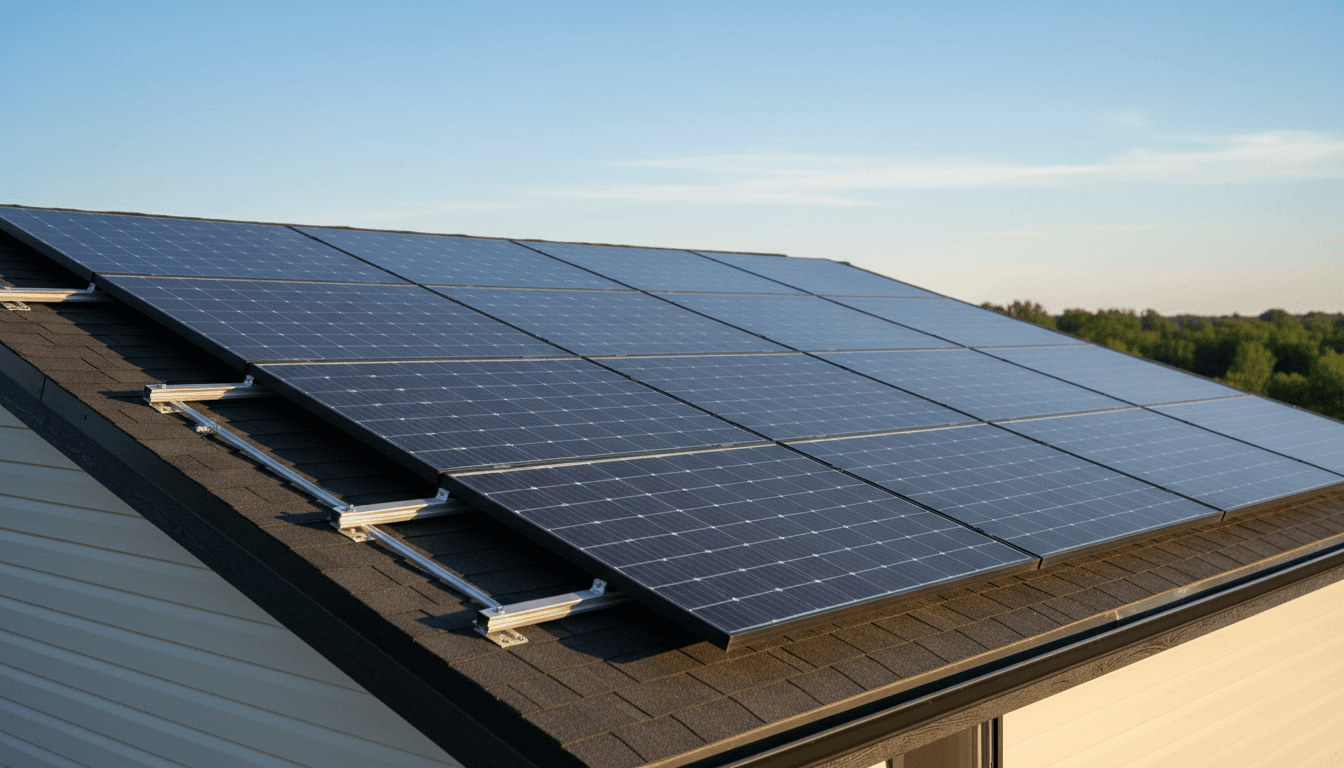 Solar panels installed on residential roof with blue sky and tree line in background