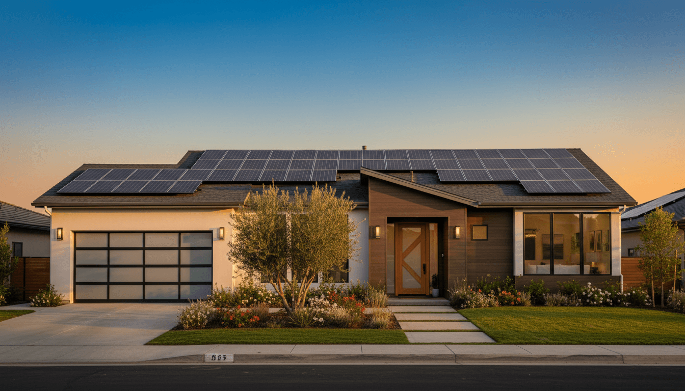 Modern suburban home with installed solar panel array on roof, illuminated by golden hour sunlight