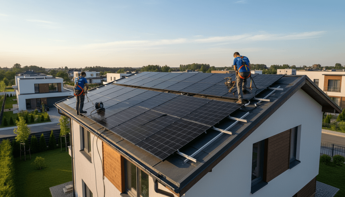 Solar installer working on rooftop panels in Florida