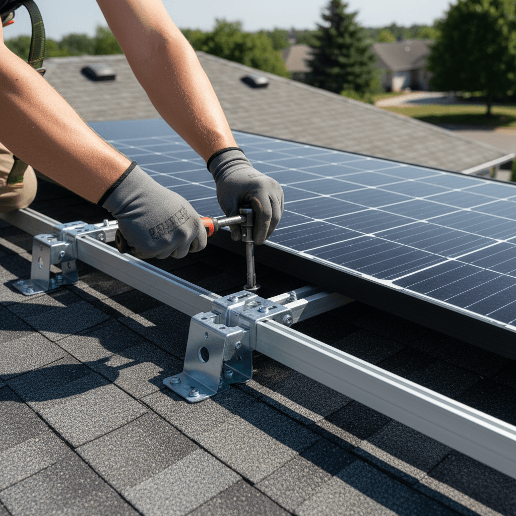 Installer securing a solar panel mounting rail on a rooftop
