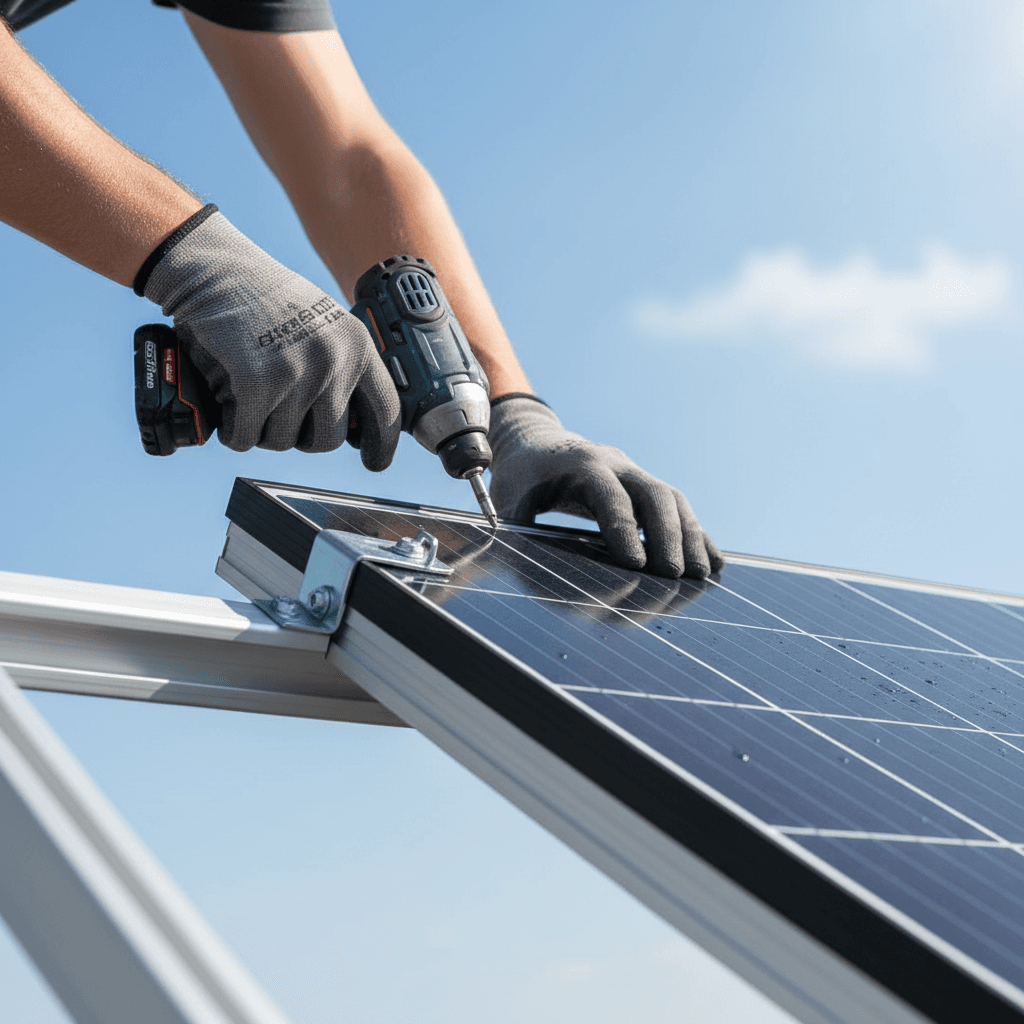 Technician adjusting solar panel tilt angle under a sunny sky