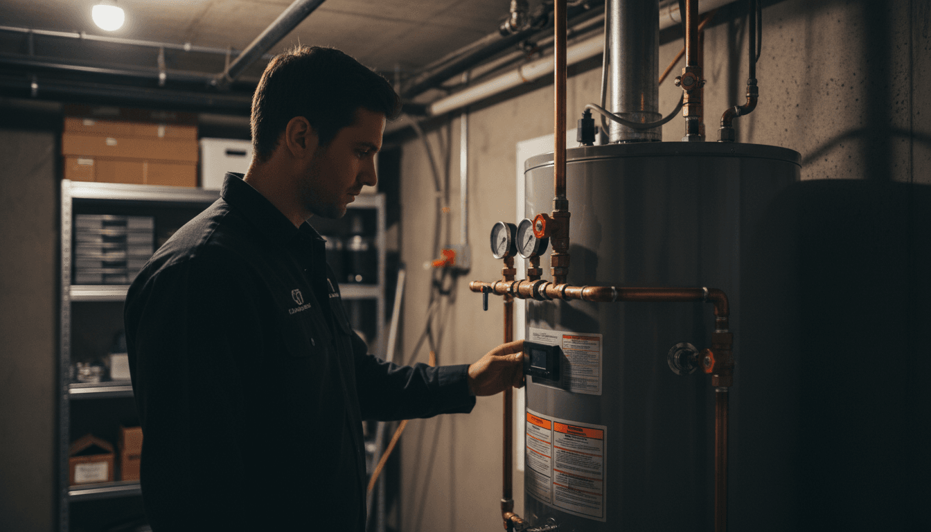 Plumber examining pressure gauges and connections on residential water heater in basement
