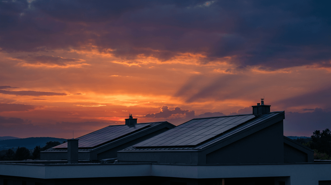 Sun shining over a rooftop solar panel array with a clear blue sky