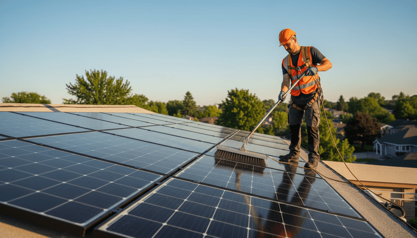 Technician safely cleaning residential solar panels with rotating brush equipment on rooftop, wearing full safety gear and harness