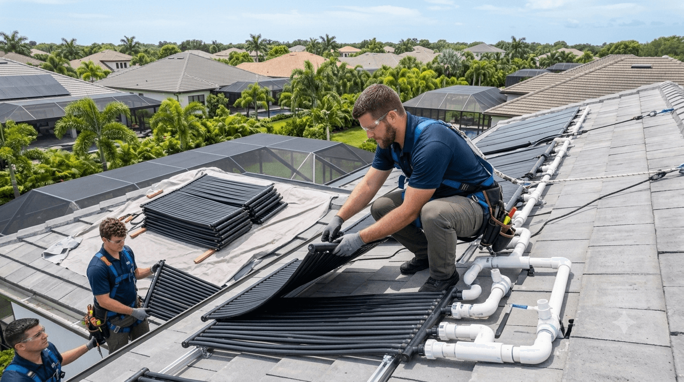 Technicians in safety gear install solar pool heating panels on a residential tiled roof.